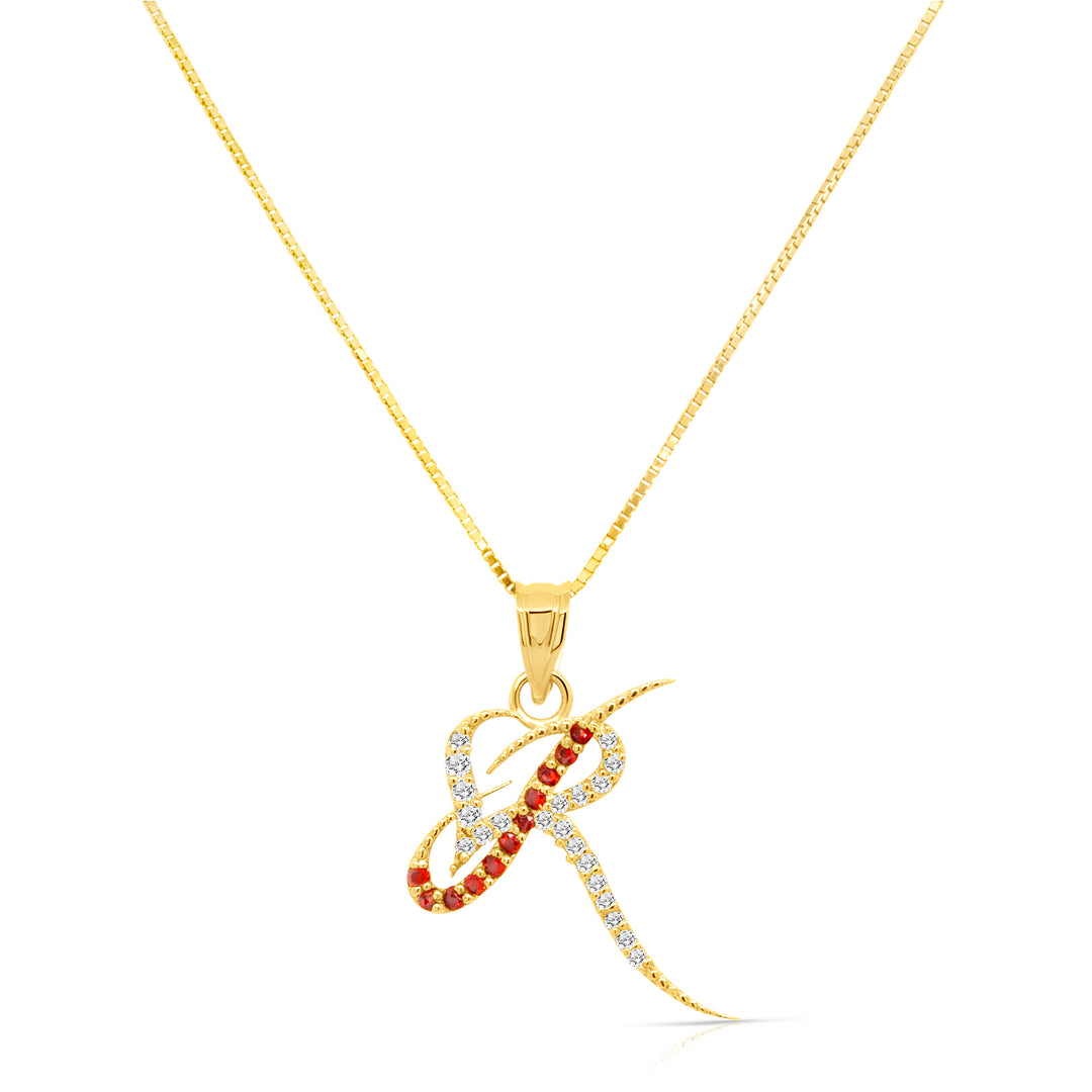 A image showing the final product of the 14K Initial Logo Pendant with Garnet & Natural Diamonds