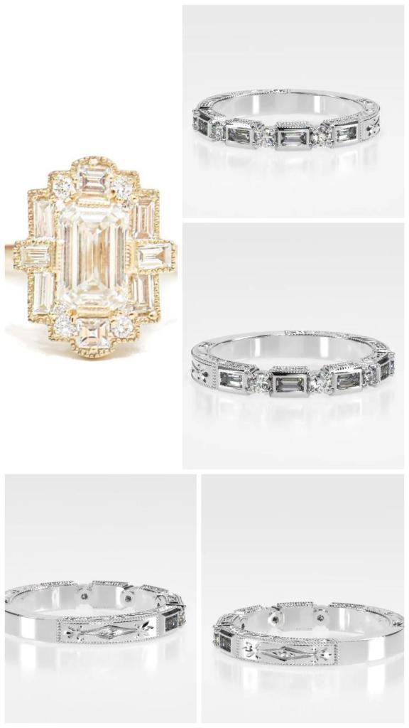 Diamond baguette rings sitting on a white table. Designs that influenced the customer's custom ring