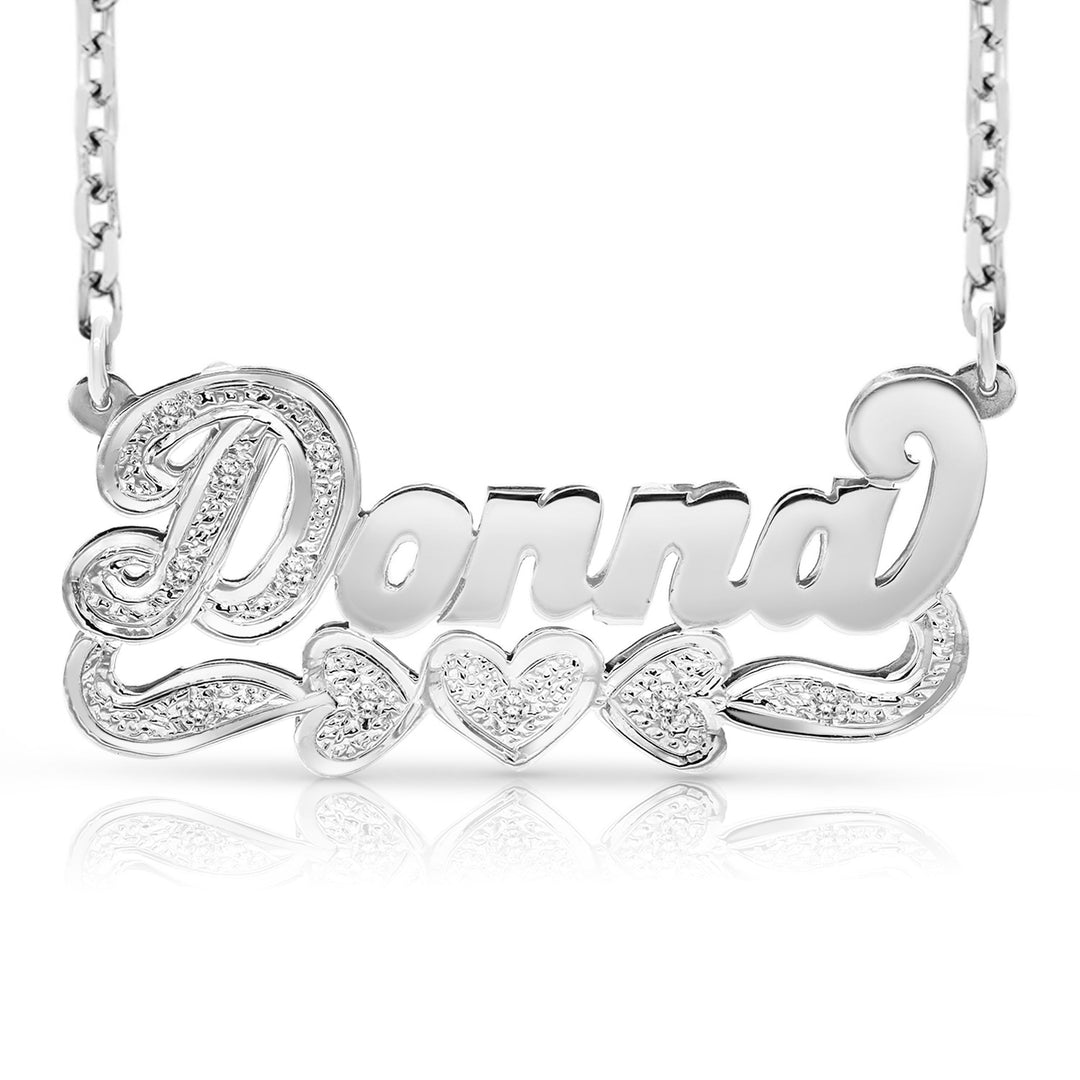 A Sample of the Sterling Silver 3D Name Necklace with Three Hearts with the name Donna in White