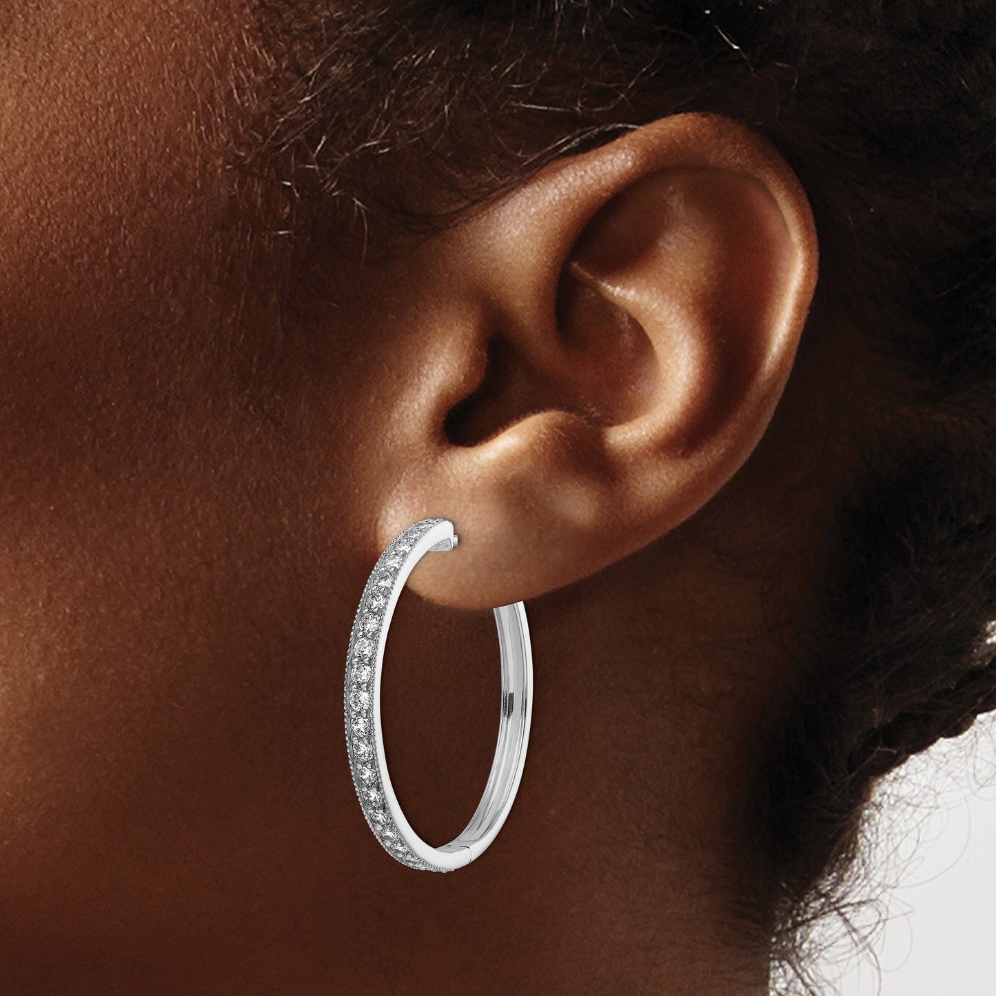 14 Karat White Gold 2ct Diamond Milgrain 35mm Hinged Hoop Earrings