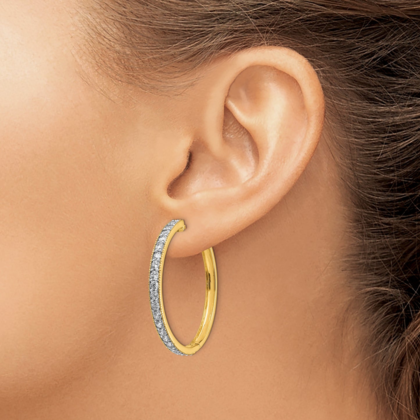 14 Karat Yellow Gold 2ct Diamond Milgrain Hinged 35mm Hinged Hoop Earrings