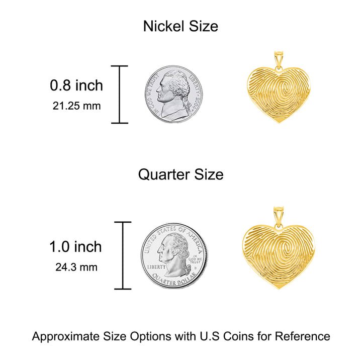 A image of the Heart Shape Memorial Fingerprint Charm Pendant next to a US Nickel and Quarter for size reference