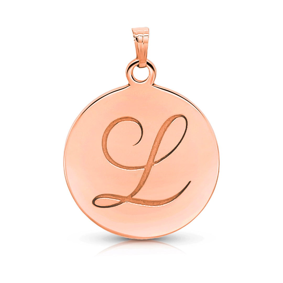 A rose gold round pendant charm featuring a cursive script letter 'L' engraved in the center, displayed on a clean white background.