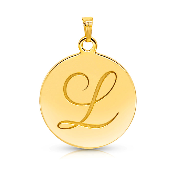 A round gold pendant with a bail at the top, featuring a large cursive letter 'L' engraved in the center, shown on a clean white background.