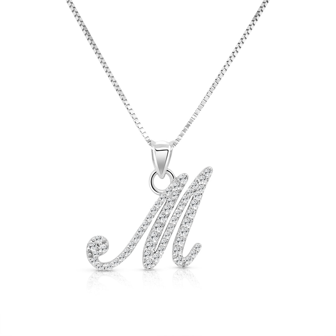 A image showing the final product of the Diamond Initial M in 14 Karat White Gold
