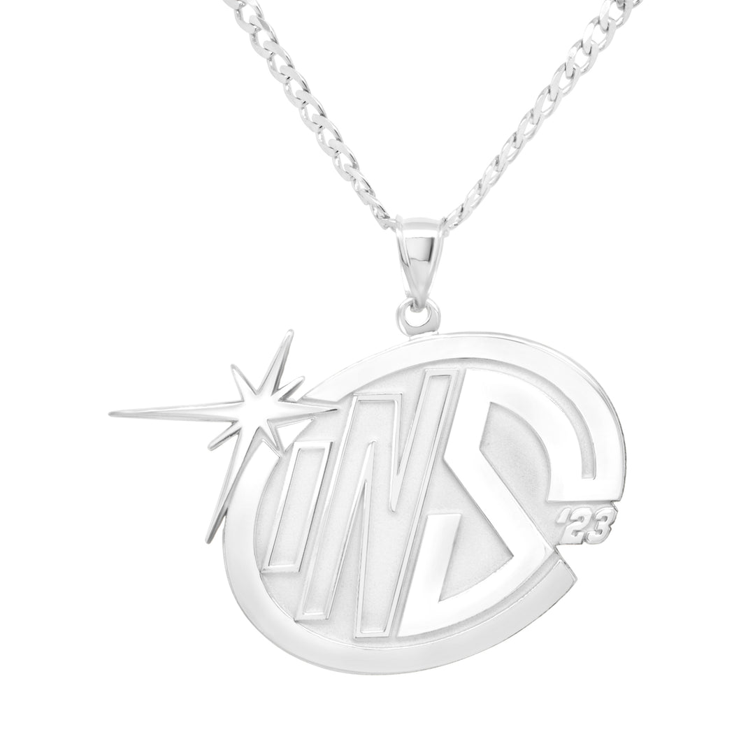 An image showing the final product of the Custom Sterling Silver Logo Pendant