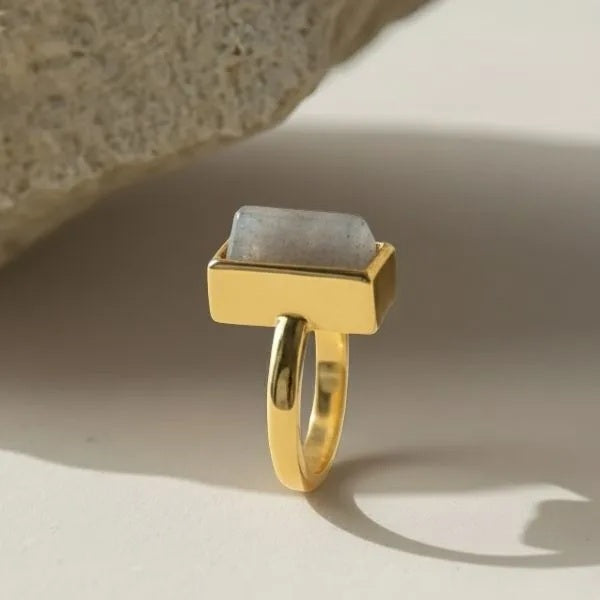 An image showing the side view of the final presentation of the Custom 14 Karat Yellow Gold Labradorite Solitaire Ring