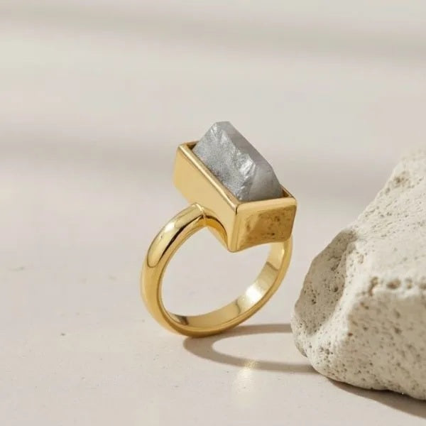 An image showing the final presentation of the Custom 14 Karat Yellow Gold Labradorite Solitaire Ring