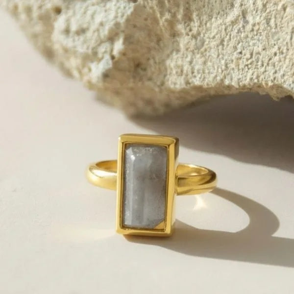 An image showing the front view of the final presentation of the Custom 14 Karat Yellow Gold Labradorite Solitaire Ring