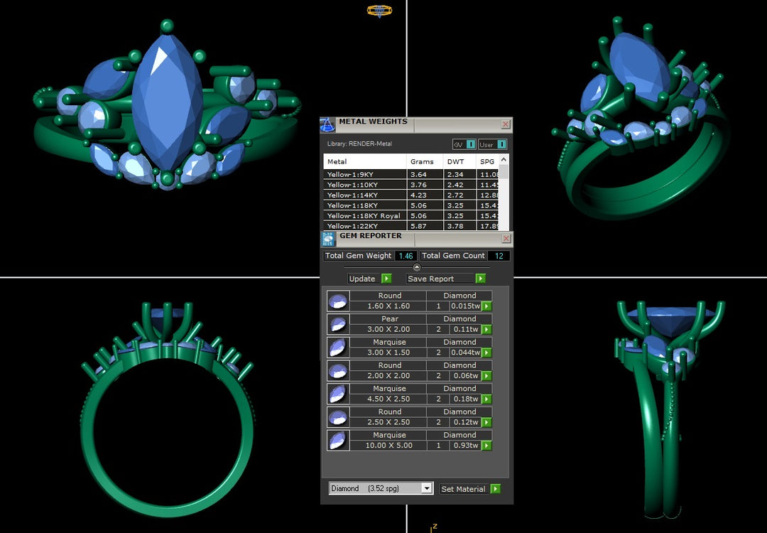 A 3D model rendering of the Lab Grown Alexandrite Engagement Ring with matching wedding band along with metal weights and stone count and details