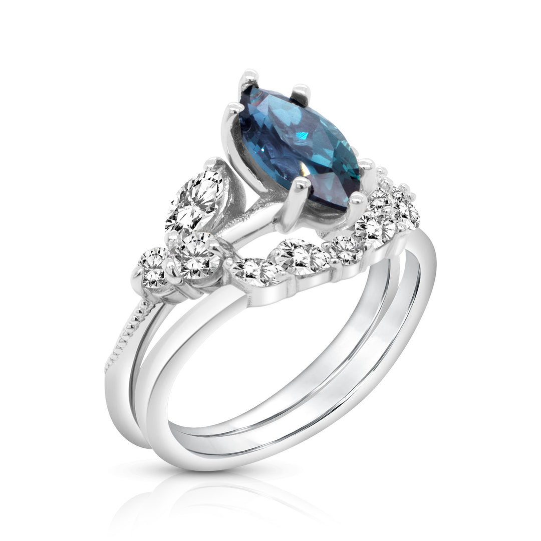 An image showing the Lab Grown Alexandrite Platinum Engagement Ring with matching wedding band