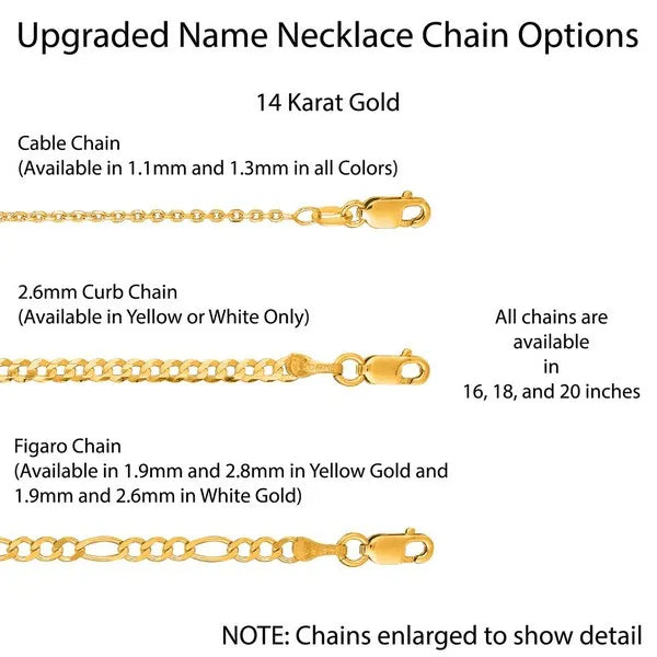 Gold necklace chain options on a white background