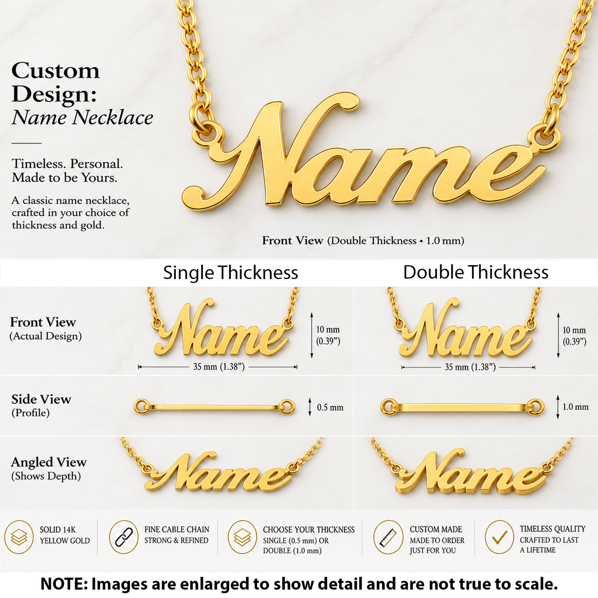 Name necklace thickness reference showing front, side and angled views of a solid 14K gold nameplate pendant at AJ's Jewelry