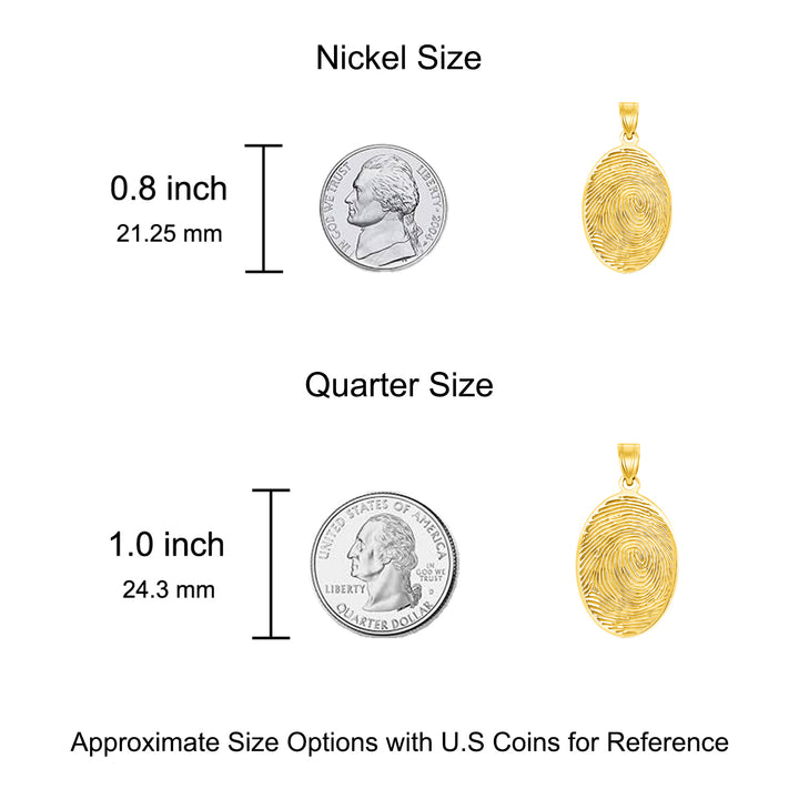 A image of the Oval Shape Memorial Fingerprint Charm Pendant next to a US Nickel and Quarter for size reference