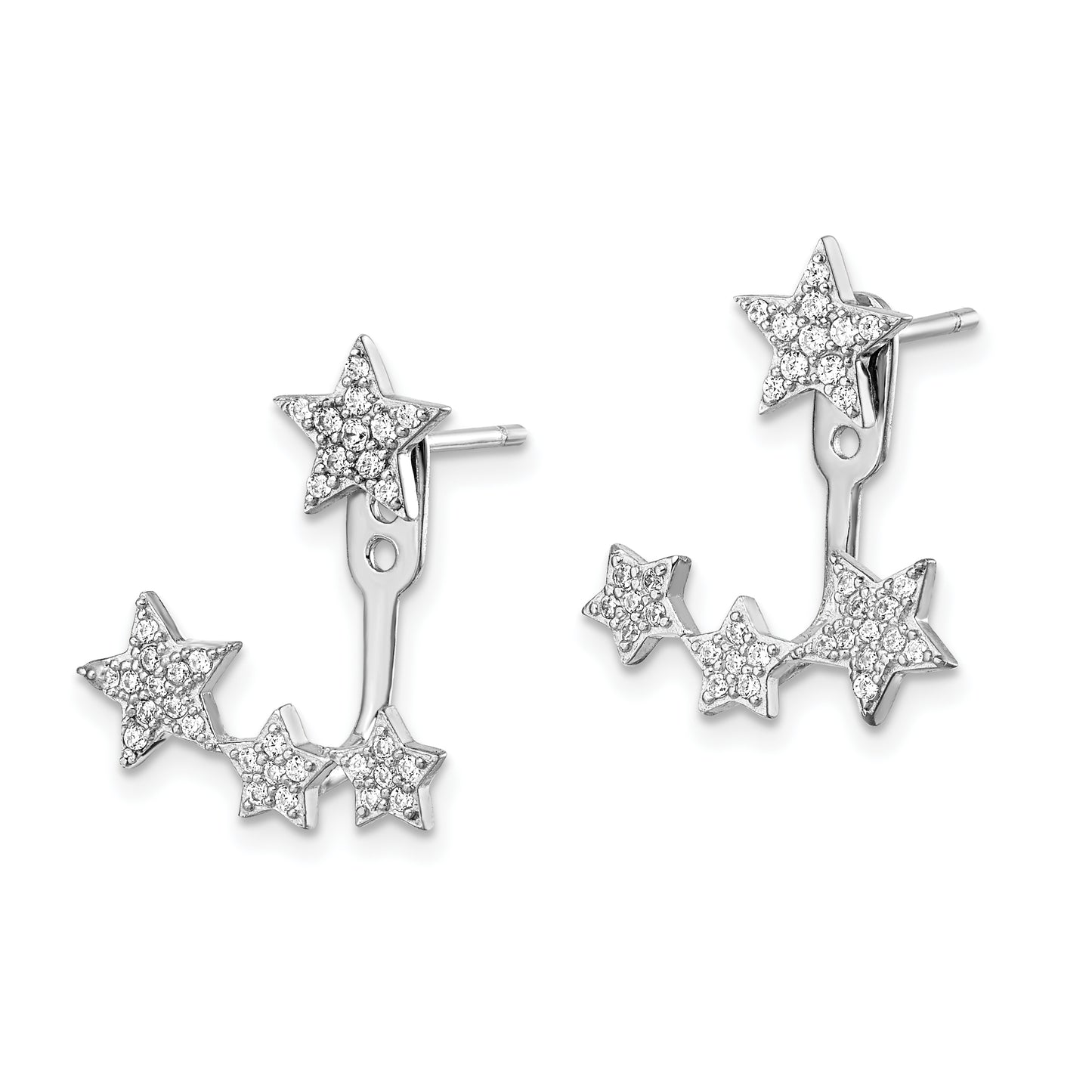 Sterling Silver Rhodium-plated CZ Stars Front and Back Post Earrings