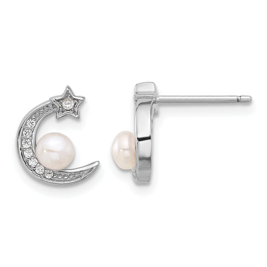 Sterling Silver Rhod-plated CZ and FWC Pearl Moon and Star Post Earrings