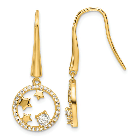 Sterling Silver Gold-plated CZ Stars Circle Shepherd Hook Earrings