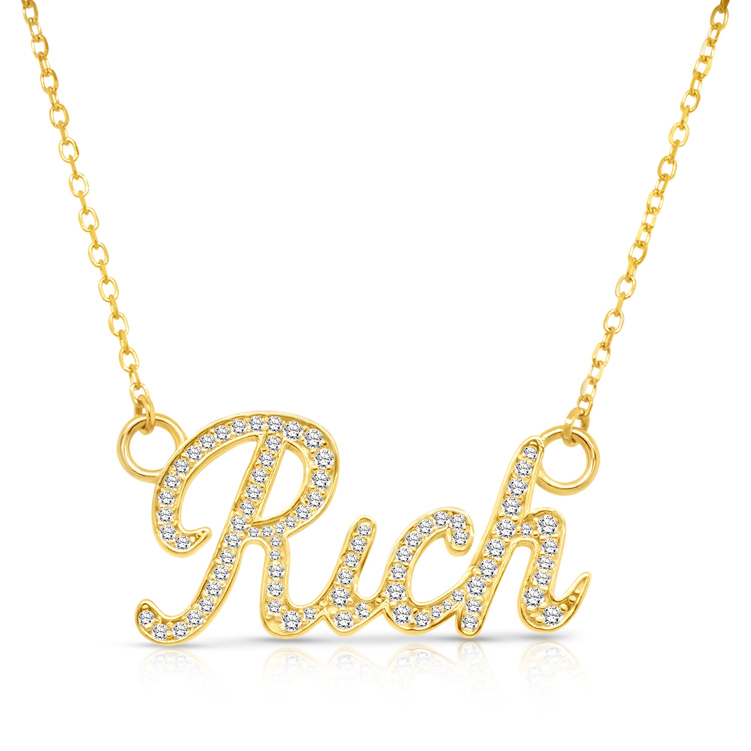 An image showing the final product of the Custom 14 Karat Yellow Gold Diamond Name Necklace