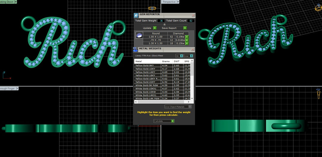 An image showing the digital design of the Custom 14 Karat Yellow Gold Diamond Name Necklace, complete with metal and stone count information