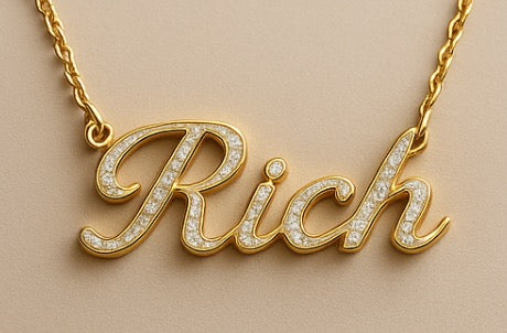 An image showing the AI photo the client brought to us as a vision for the  Custom 14 Karat Yellow Gold Diamond Name Necklace