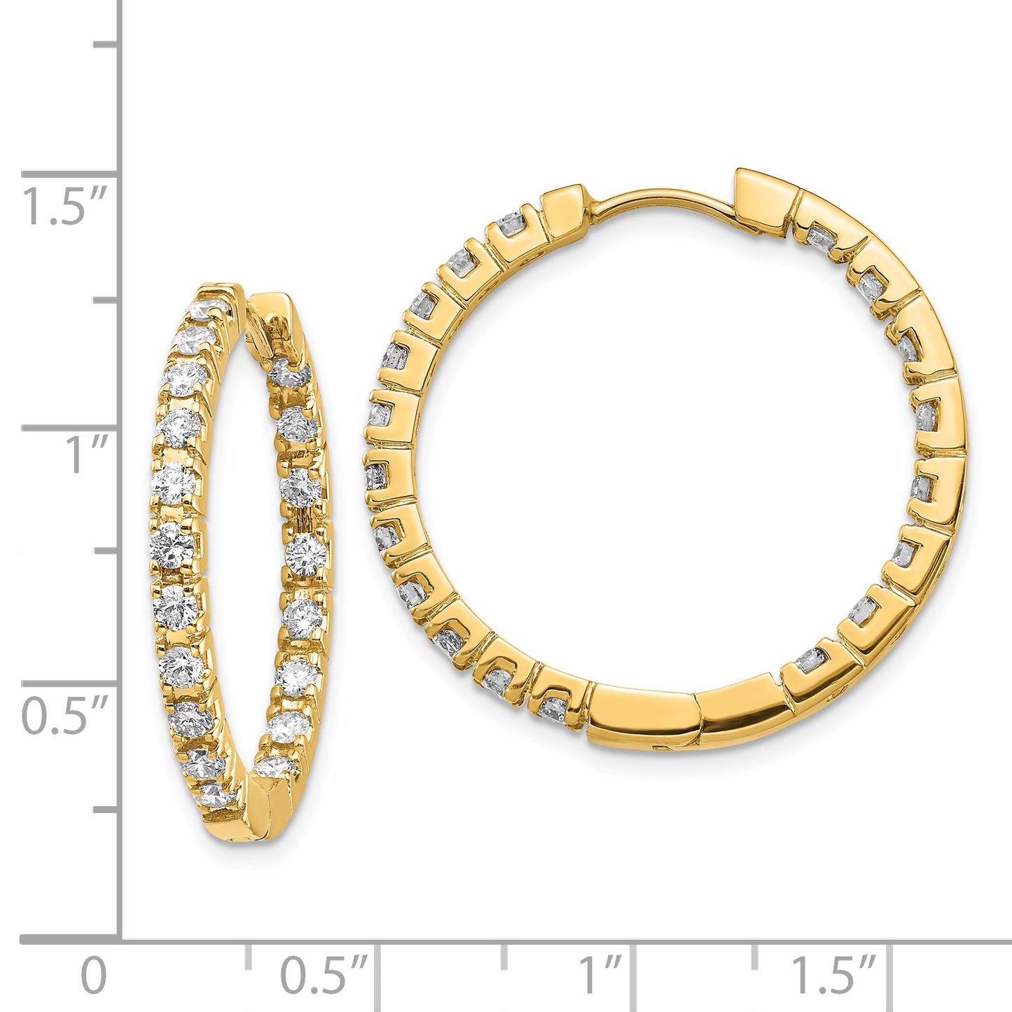 14 Karat Yellow Gold 1.9ct Diamond 27mm Inside/Outside Hinged Hoop Earrings