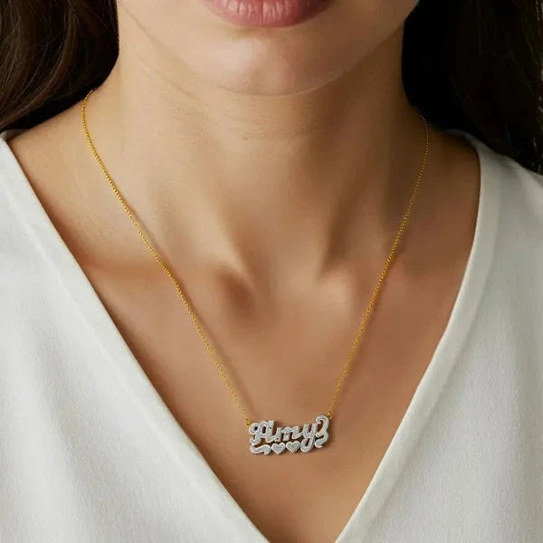 14 Karat Diamond Cut 3D Name Necklace with Two Hearts