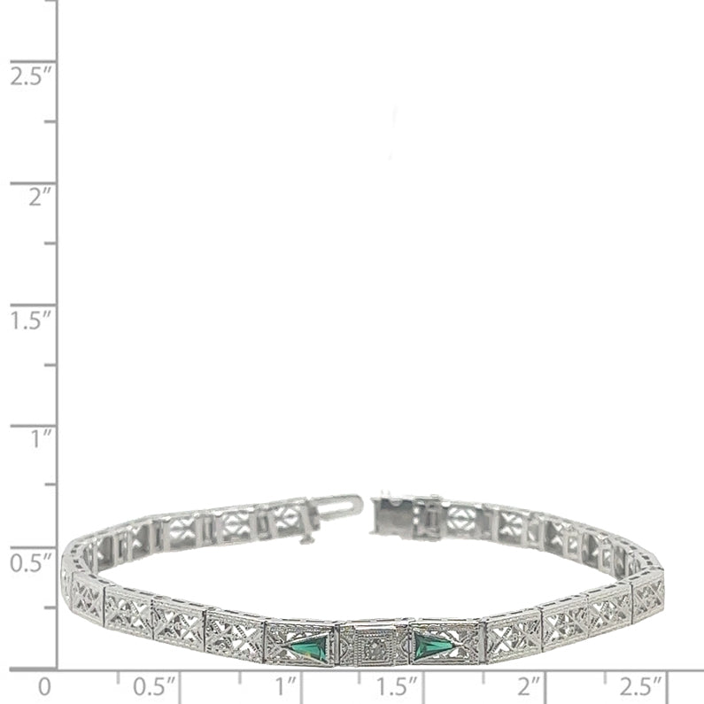 14 Karat White Gold Diamond and Emerald Vintage Bracelet