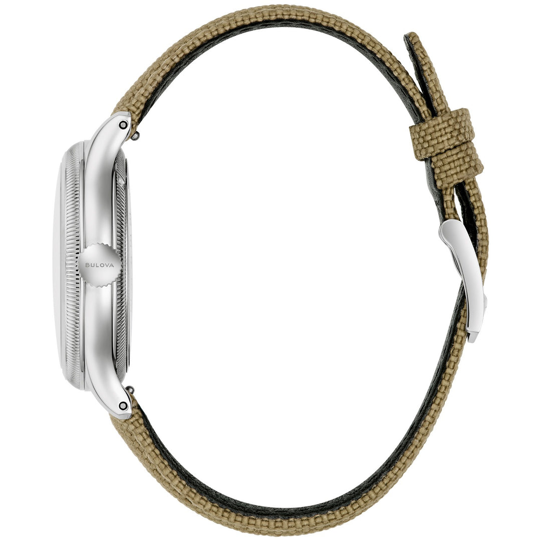Side profile of the Bulova A-11 Jimmy men's watch showing the case and khaki nylon strap (96A354)