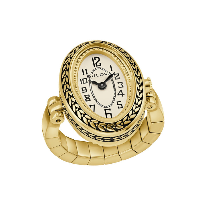 Bulova Archive Art Deco Ring women's watch with an ivory oval dial and tubogas expansion shank, front view (97L188)