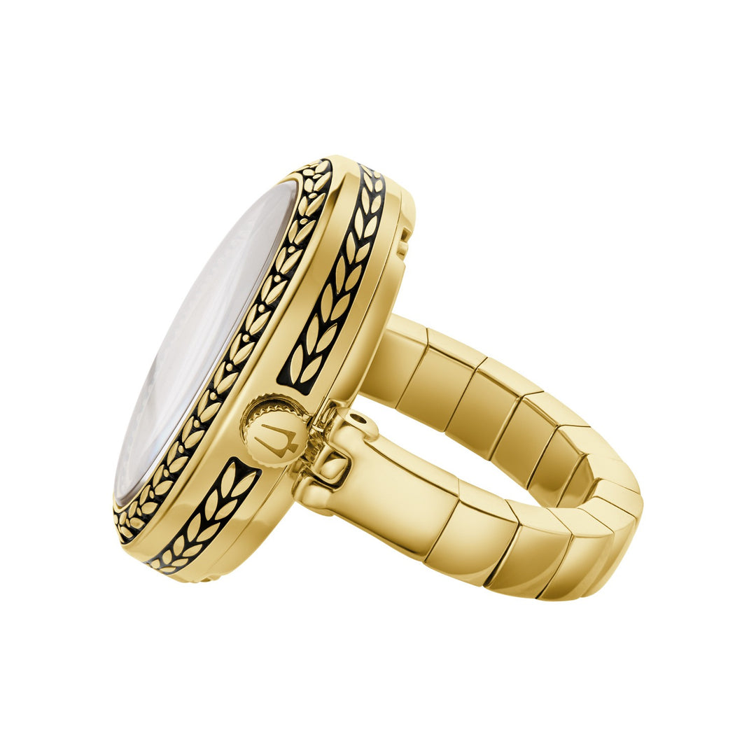 Side profile of the Bulova Archive Art Deco Ring women's watch showing the case and tubogas expansion shank (97L188)