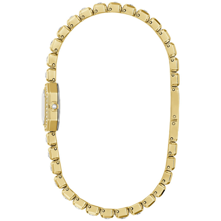 Side profile of the Bulova Crystal Box Set women's watch showing the case and gold-tone bracelet (98X143)