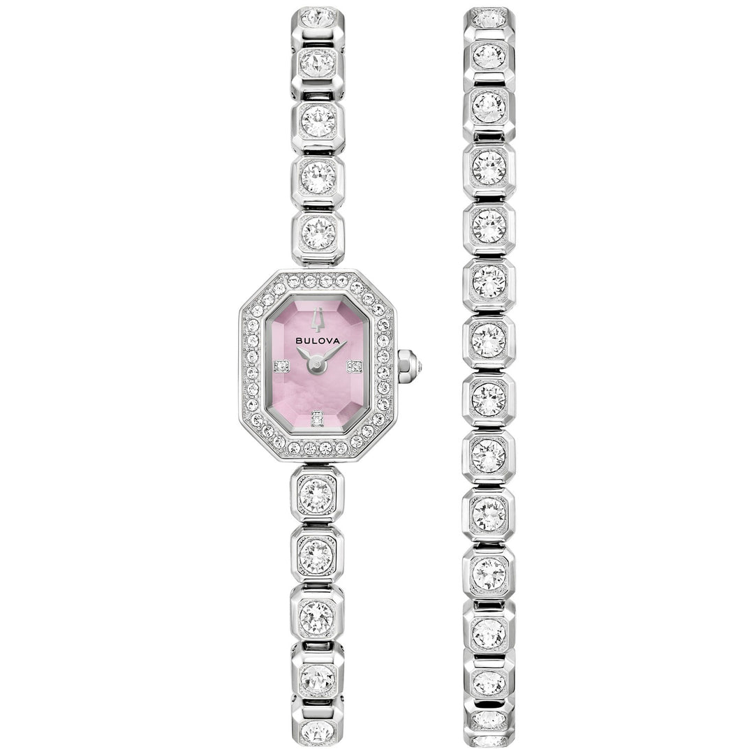Bulova Crystal Box Set women's watch with a pink mother-of-pearl dial and silver-tone bracelet, front view (96X168)
