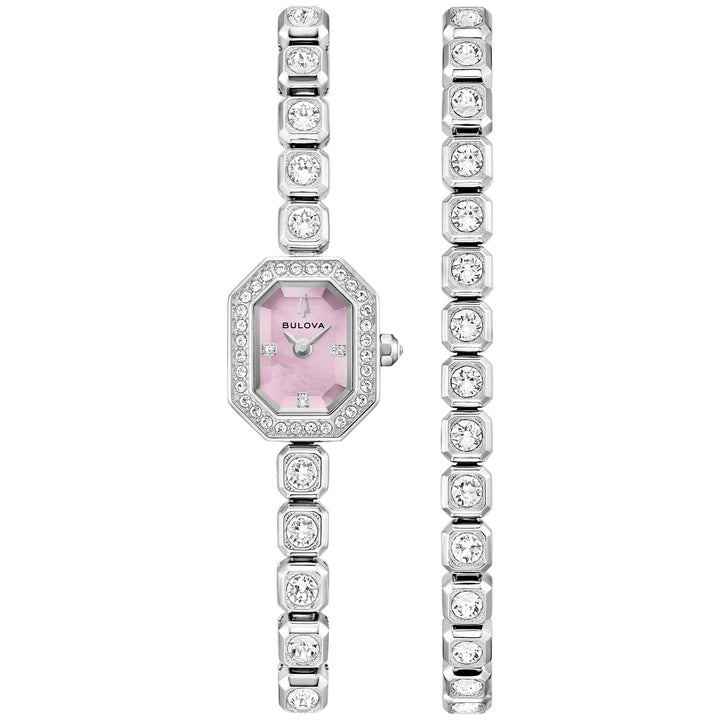 Bulova Crystal Box Set women's watch with a pink mother-of-pearl dial and silver-tone bracelet, front view (96X168)