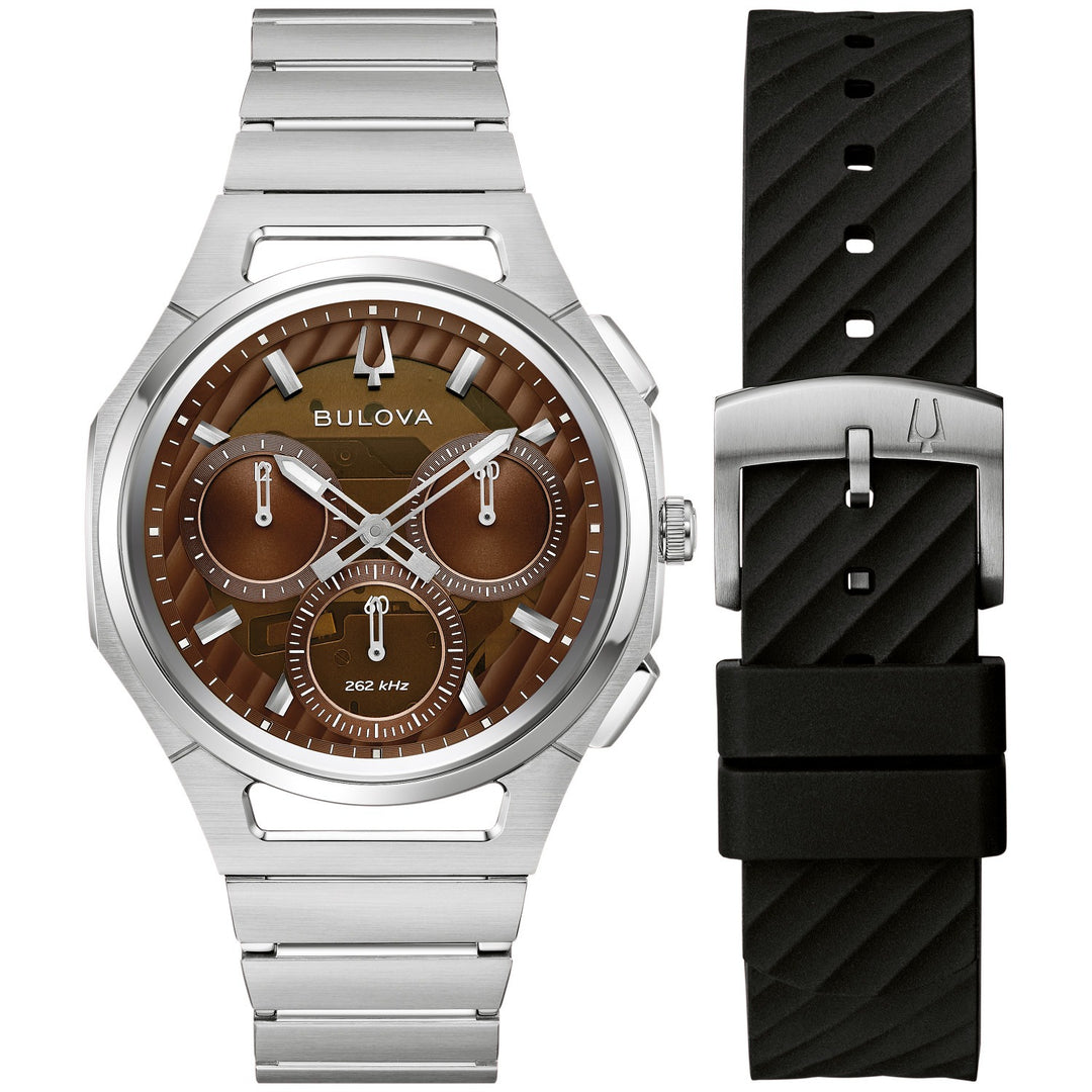 Bulova CURV 10th Anniversary Edition men's watch with a translucent brown dial and silver-tone bracelet, front view (96K117)