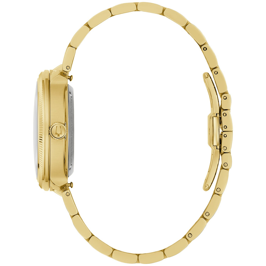 Side profile of the Bulova Disco men's watch showing the case and gold-tone bracelet (97B247)