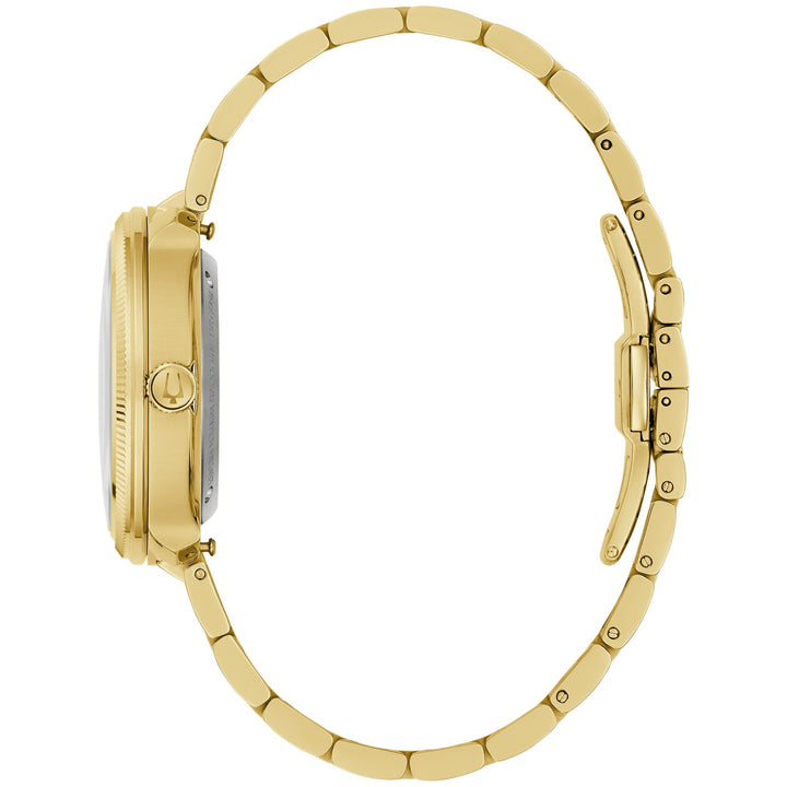 Side profile of the Bulova Disco men's watch showing the case and gold-tone bracelet (97B247)