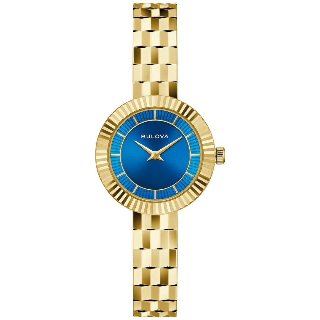 Bulova Disco women's watch with a blue double sunray dial and gold-tone bracelet, front view (97L205)