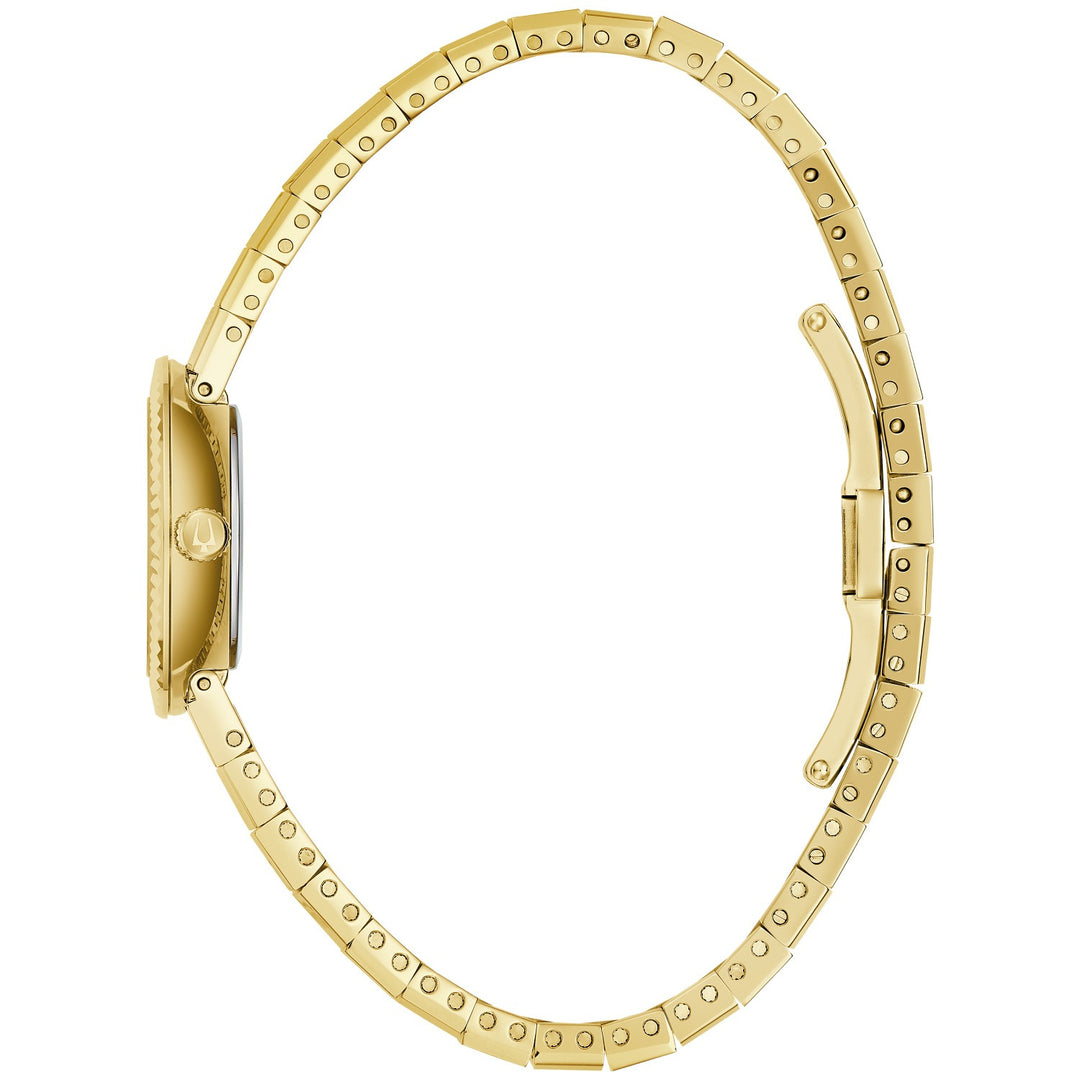 Side profile of the Bulova Disco women's watch showing the case and gold-tone bracelet (97L205)