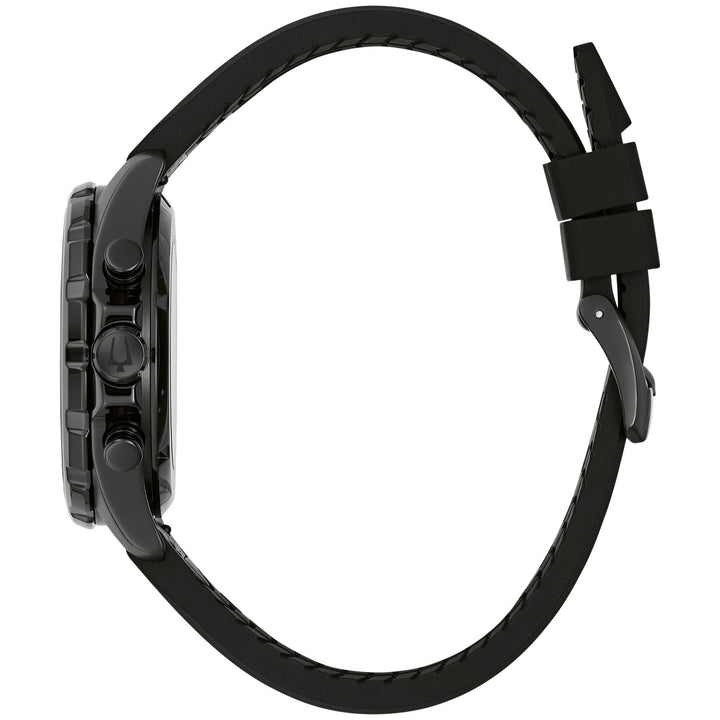 Side profile of the Bulova E1 Team Miami Marine Star men's watch and its black leather and silicone strap (98B476)