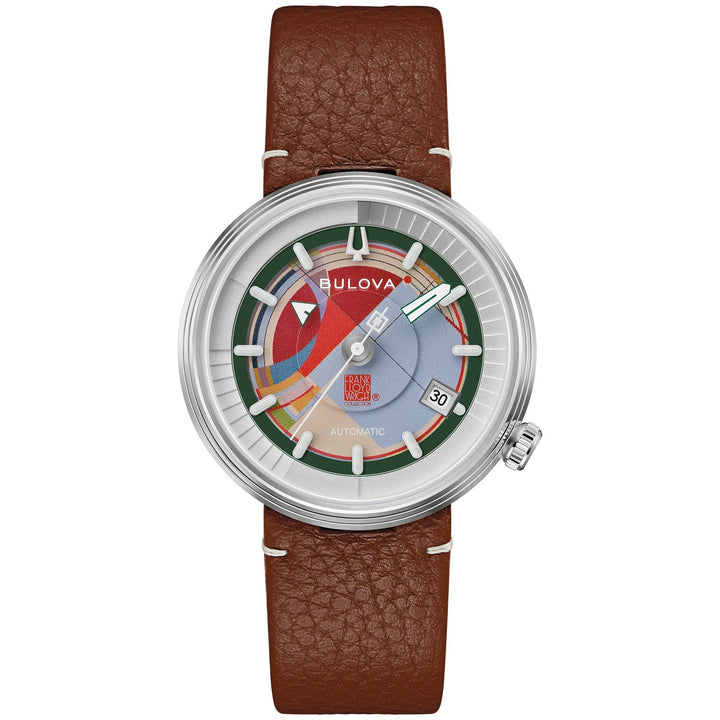 Bulova Frank Lloyd Wright Automatic men's watch with a green layered dial and brown leather strap, front view (96B486)