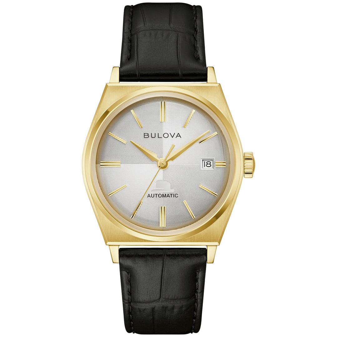 Bulova Frank Sinatra Automatic men's watch with a silver-white dial and black leather strap, front view (97B243)