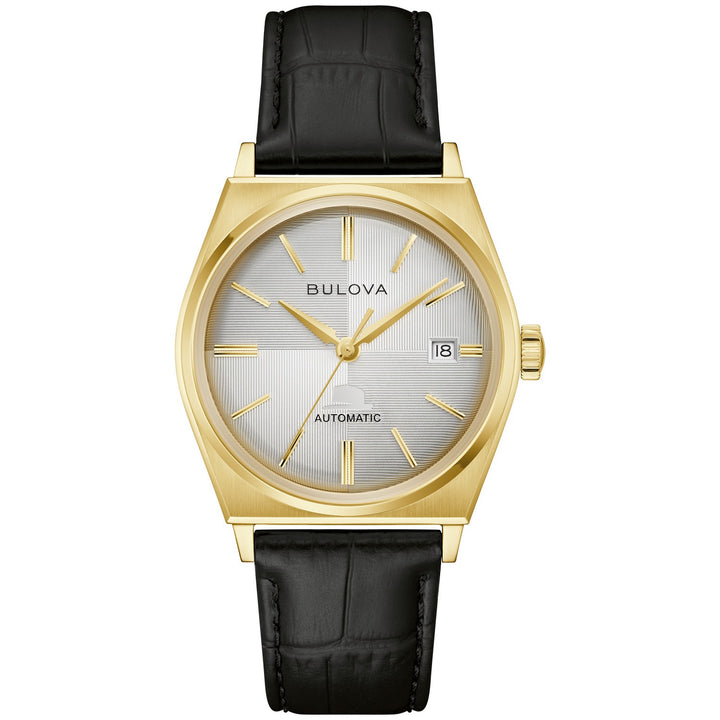 Bulova Frank Sinatra Automatic men's watch with a silver-white dial and black leather strap, front view (97B243)