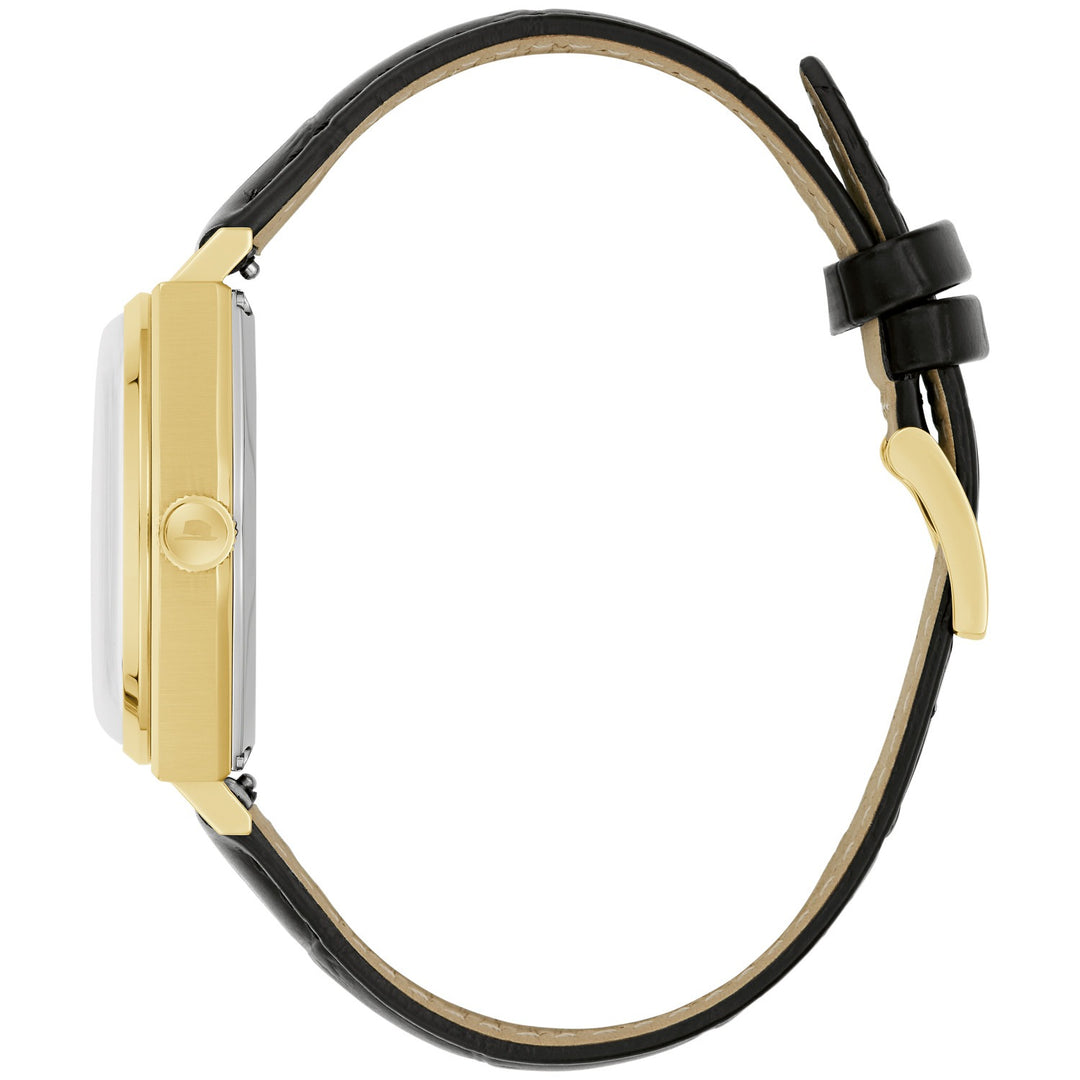 Side profile of the Bulova Frank Sinatra Automatic men's watch showing the case and black leather strap (97B243)