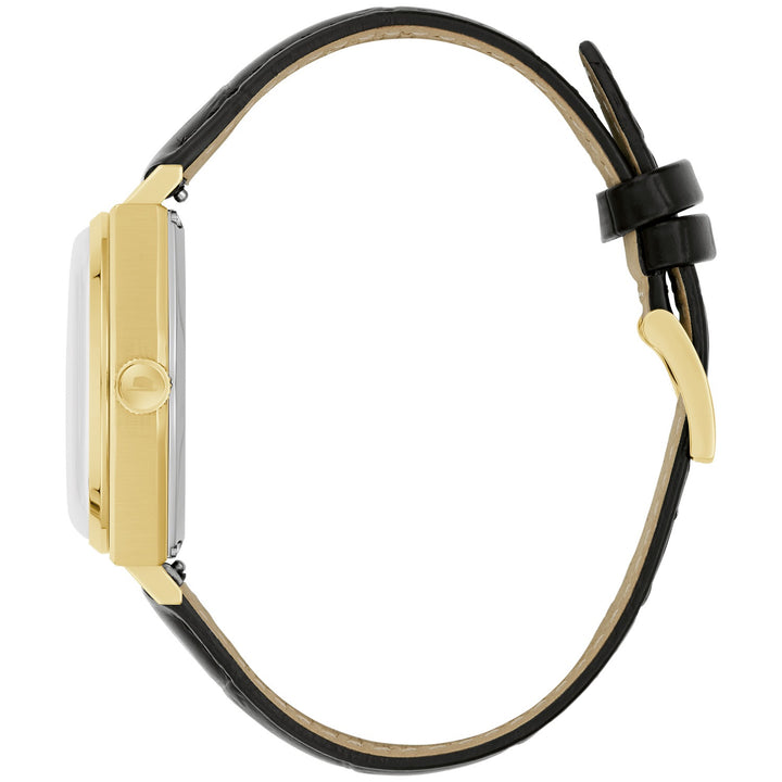 Side profile of the Bulova Frank Sinatra Automatic men's watch showing the case and black leather strap (97B243)