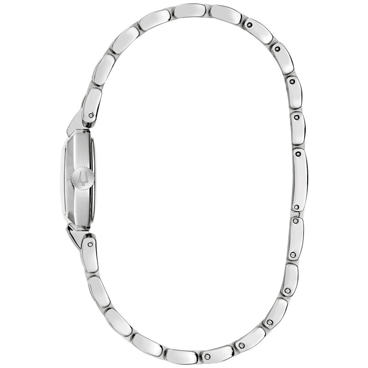 Side profile of the Bulova Goddess of Time Jackie women's watch showing the case and silver-tone bracelet (96L361)