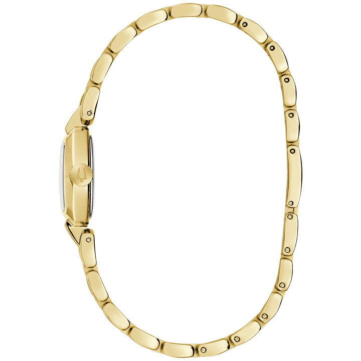 Side profile of the Bulova Goddess of Time Jackie women's watch showing the case and gold-tone bracelet (97L201)