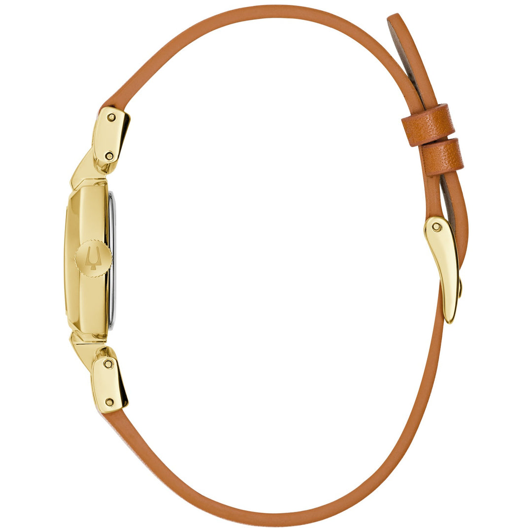 Side profile of the Bulova Goddess of Time Jackie women's watch showing the case and brown leather strap (97L202)