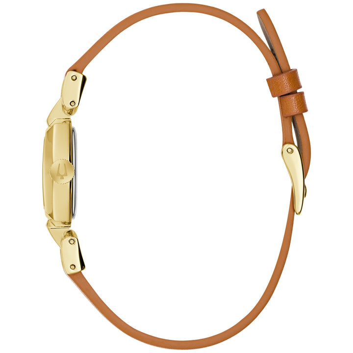 Side profile of the Bulova Goddess of Time Jackie women's watch showing the case and brown leather strap (97L202)