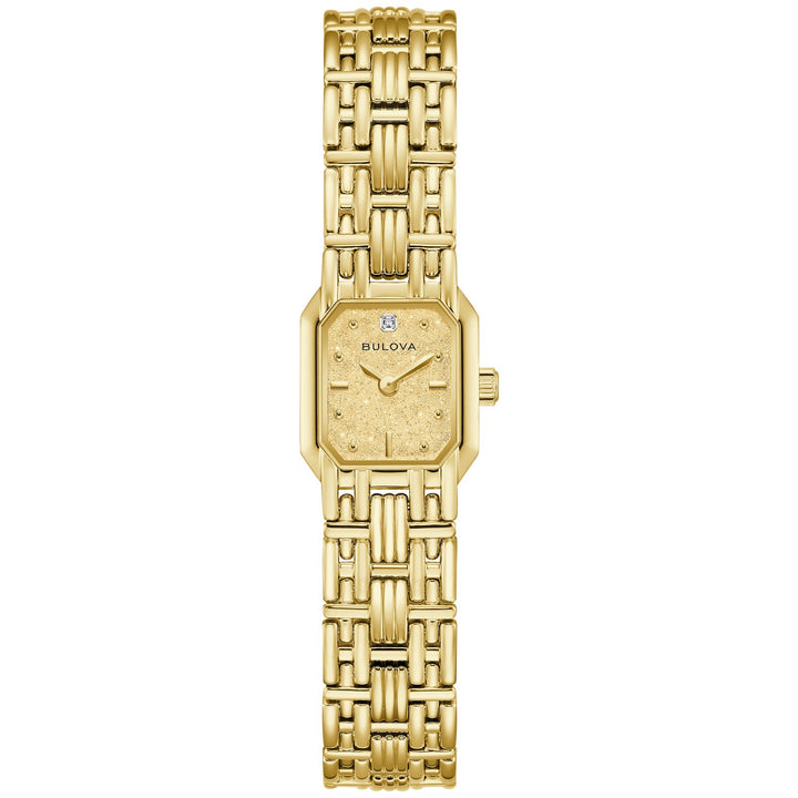 Bulova Goddess of Time Sophia women's watch with a champagne denchu dial and gold-tone bracelet, front view (97P184)