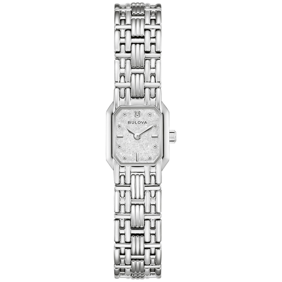 Bulova Goddess of Time Sophia women's watch with a silver-white denchu dial and silver-tone bracelet, front view (96P263)